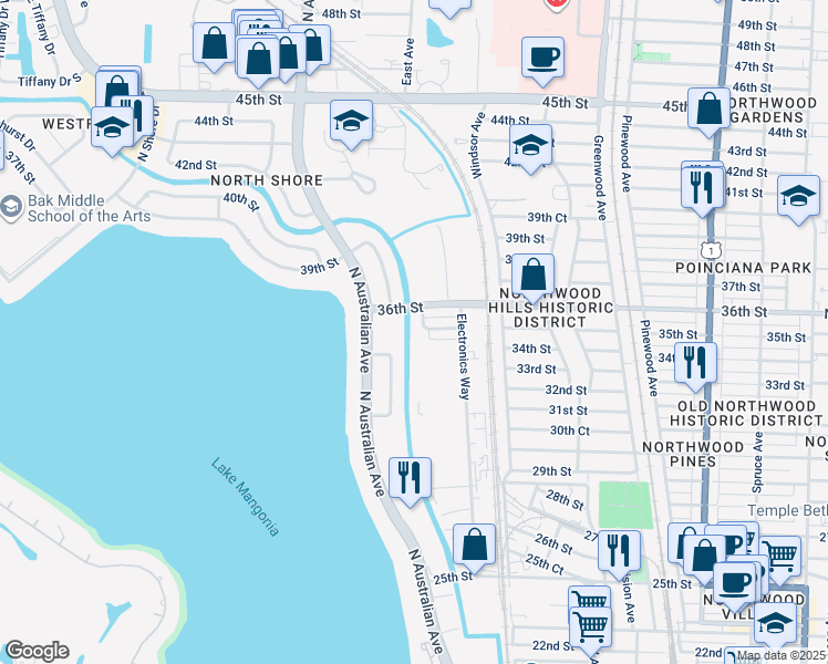 map of restaurants, bars, coffee shops, grocery stores, and more near 3603 Townhouse Court in West Palm Beach