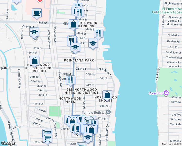 map of restaurants, bars, coffee shops, grocery stores, and more near 409 35th Street in West Palm Beach