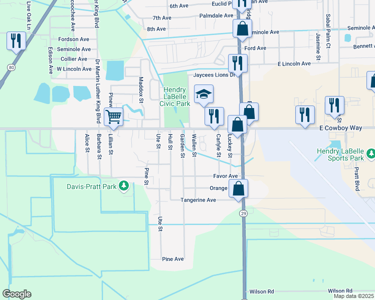 map of restaurants, bars, coffee shops, grocery stores, and more near 1111 Garden Street in LaBelle