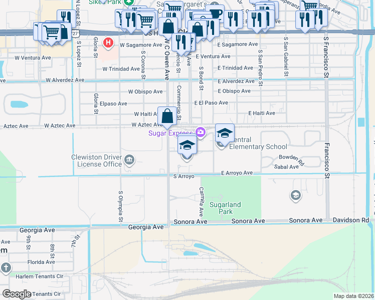 map of restaurants, bars, coffee shops, grocery stores, and more near 205 Margaret Street in Clewiston
