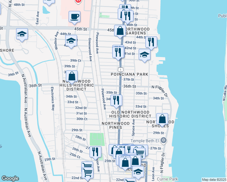 map of restaurants, bars, coffee shops, grocery stores, and more near 629 35th Street in West Palm Beach