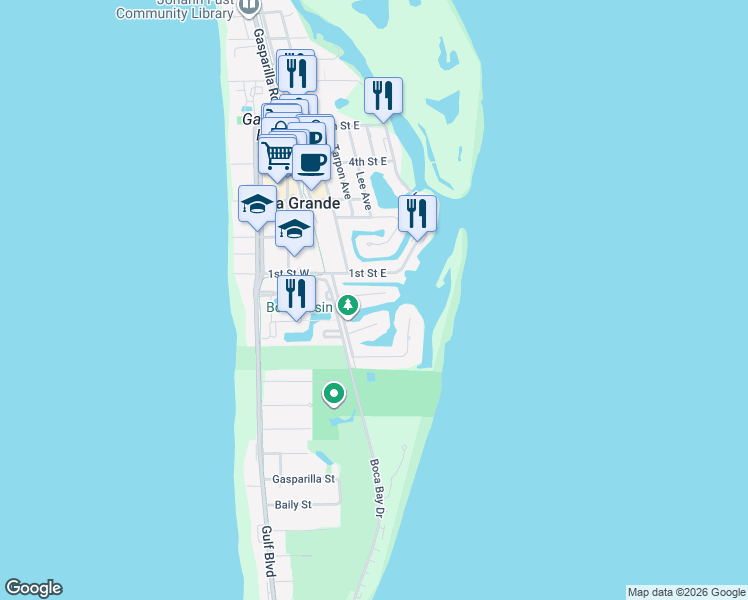 map of restaurants, bars, coffee shops, grocery stores, and more near 160 Damfiwill Street in Boca Grande