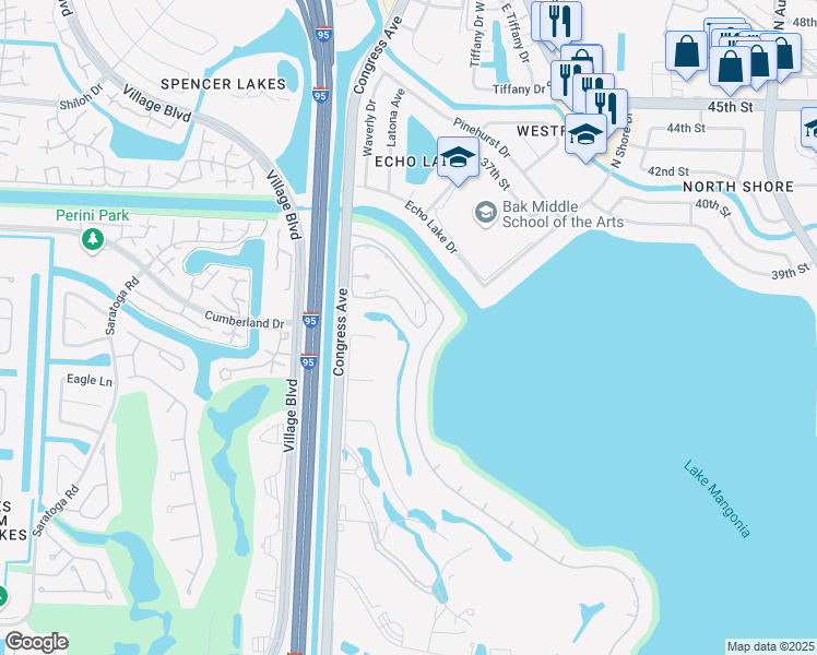 map of restaurants, bars, coffee shops, grocery stores, and more near 3401 Embassy Drive in West Palm Beach