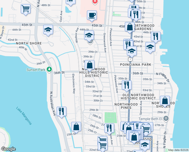 map of restaurants, bars, coffee shops, grocery stores, and more near 3510 Westview Avenue in West Palm Beach