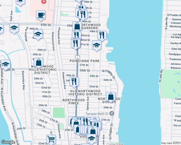 map of restaurants, bars, coffee shops, grocery stores, and more near 409 35th Street in West Palm Beach