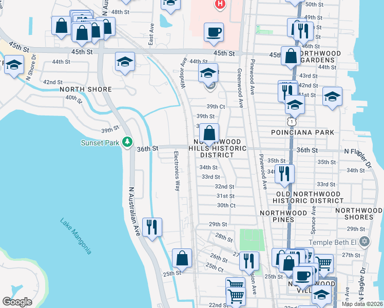 map of restaurants, bars, coffee shops, grocery stores, and more near 1000 36th Street in West Palm Beach