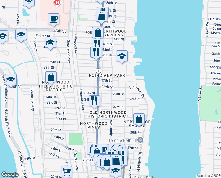 map of restaurants, bars, coffee shops, grocery stores, and more near 3619 Spruce Avenue in West Palm Beach
