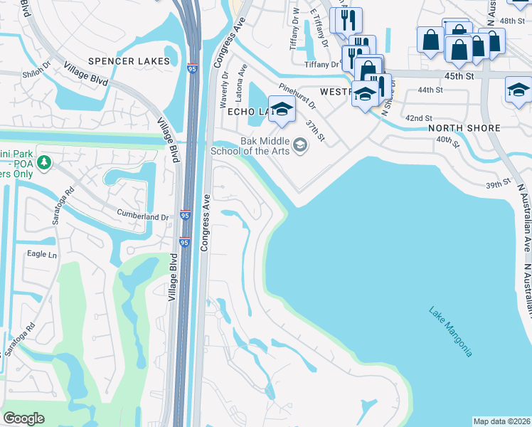 map of restaurants, bars, coffee shops, grocery stores, and more near 3520 Embassy Drive in West Palm Beach