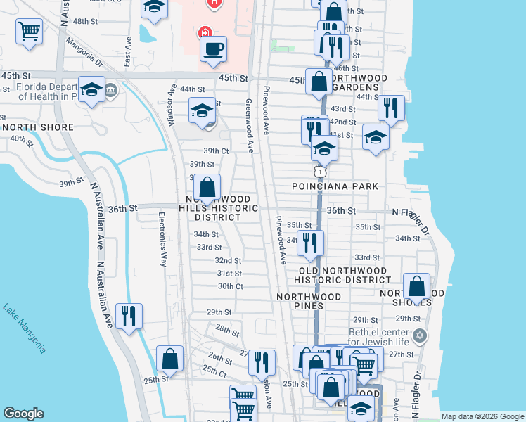 map of restaurants, bars, coffee shops, grocery stores, and more near 3715 Pinewood Avenue in West Palm Beach