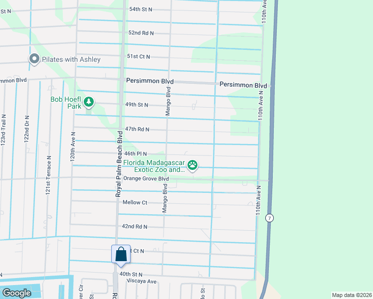 map of restaurants, bars, coffee shops, grocery stores, and more near 11416 47th Road North in Royal Palm Beach