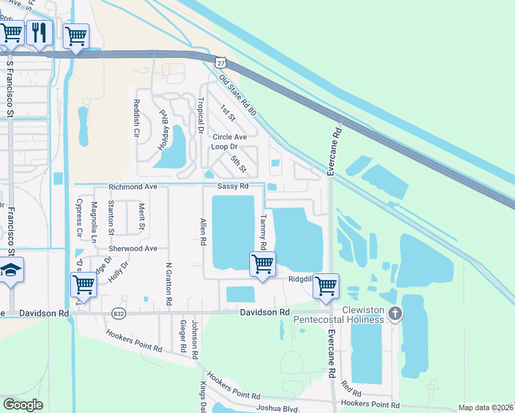 map of restaurants, bars, coffee shops, grocery stores, and more near 1721 Sassy Road in Clewiston