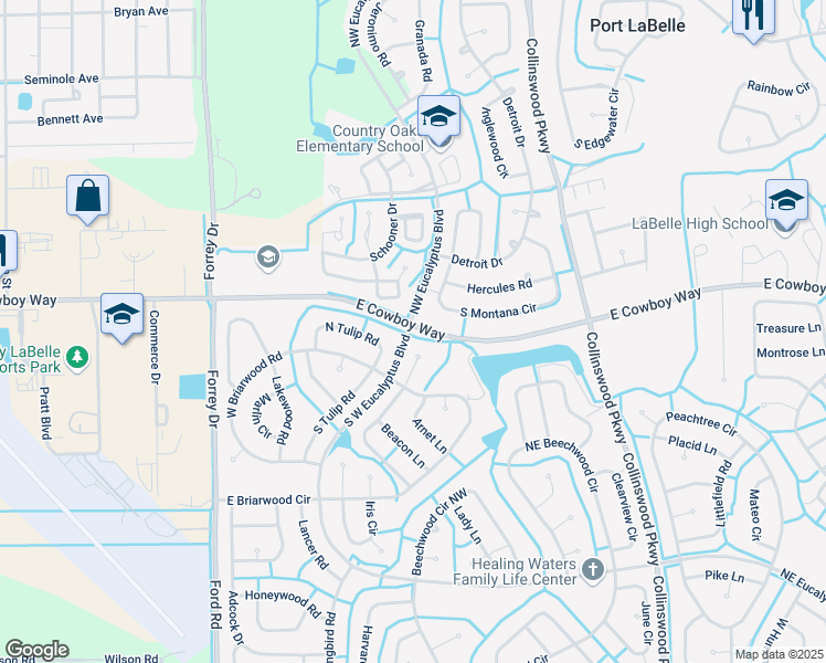 map of restaurants, bars, coffee shops, grocery stores, and more near 2011 Clipper Circle in LaBelle