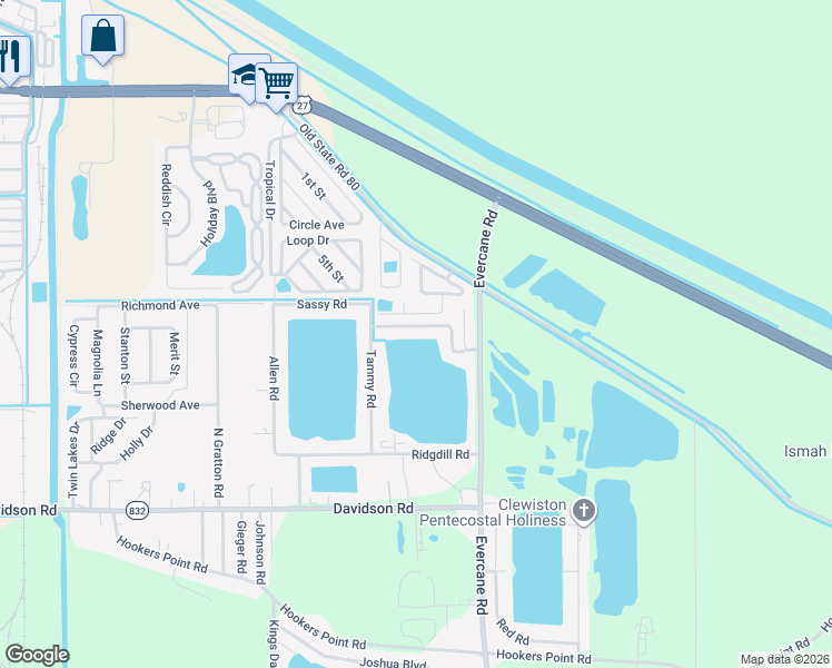 map of restaurants, bars, coffee shops, grocery stores, and more near 1766 Melissa Road in Clewiston
