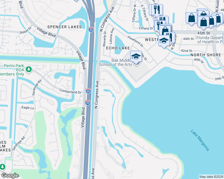 map of restaurants, bars, coffee shops, grocery stores, and more near 3540 Whitehall Drive in West Palm Beach