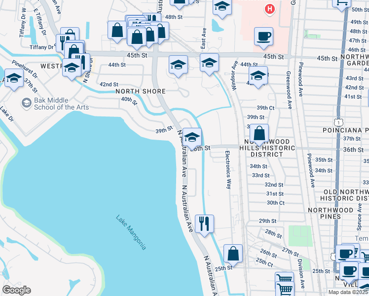 map of restaurants, bars, coffee shops, grocery stores, and more near N Australian Ave & 36th St in West Palm Beach