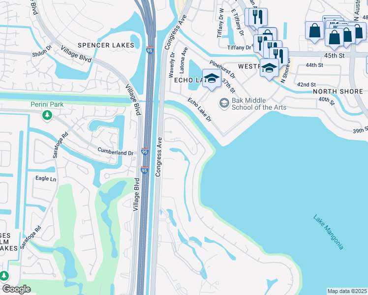 map of restaurants, bars, coffee shops, grocery stores, and more near 3626 Whitehall Drive in West Palm Beach
