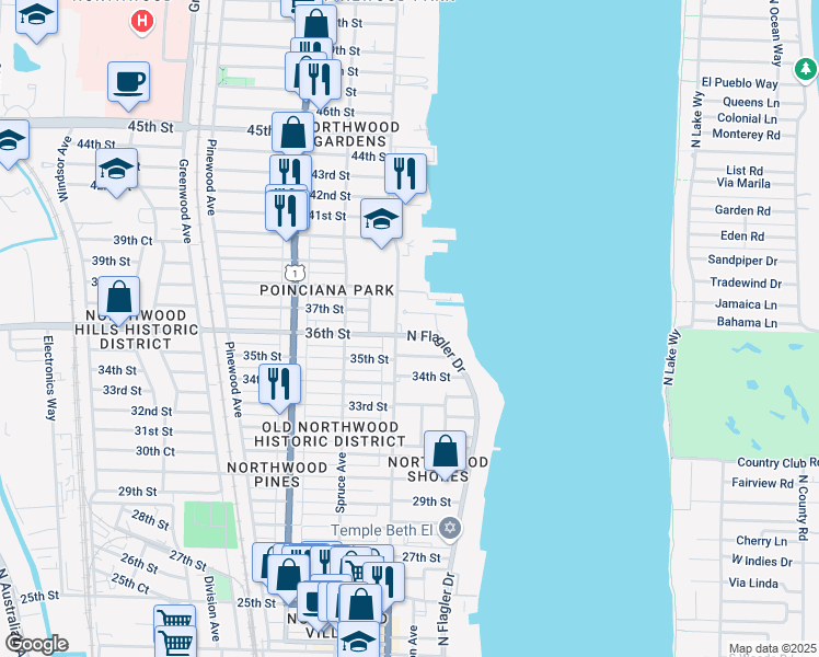 map of restaurants, bars, coffee shops, grocery stores, and more near 228 Flagler Lane in West Palm Beach