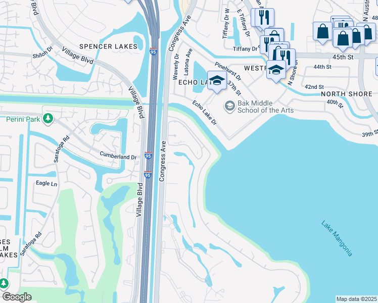 map of restaurants, bars, coffee shops, grocery stores, and more near 3626 Whitehall Drive in West Palm Beach