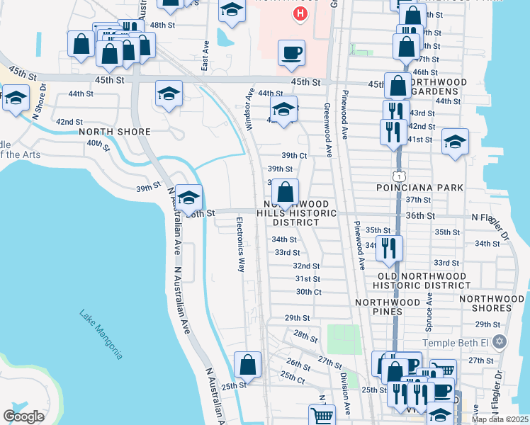 map of restaurants, bars, coffee shops, grocery stores, and more near 36th St & Windsor Ave in West Palm Beach