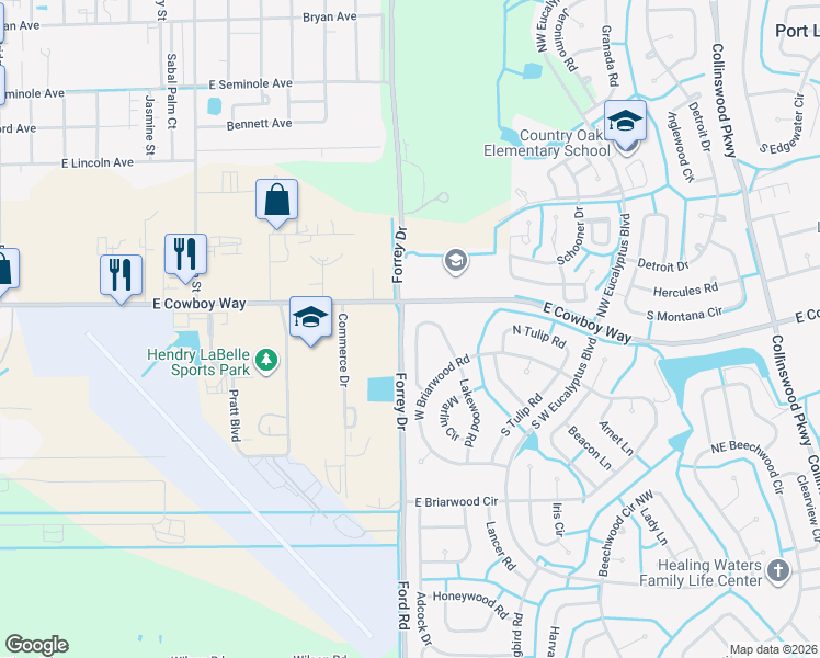 map of restaurants, bars, coffee shops, grocery stores, and more near 3021 North Lakewood Road in LaBelle