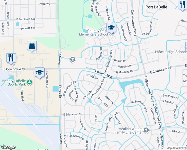 map of restaurants, bars, coffee shops, grocery stores, and more near 3017 North Tulip Road in LaBelle