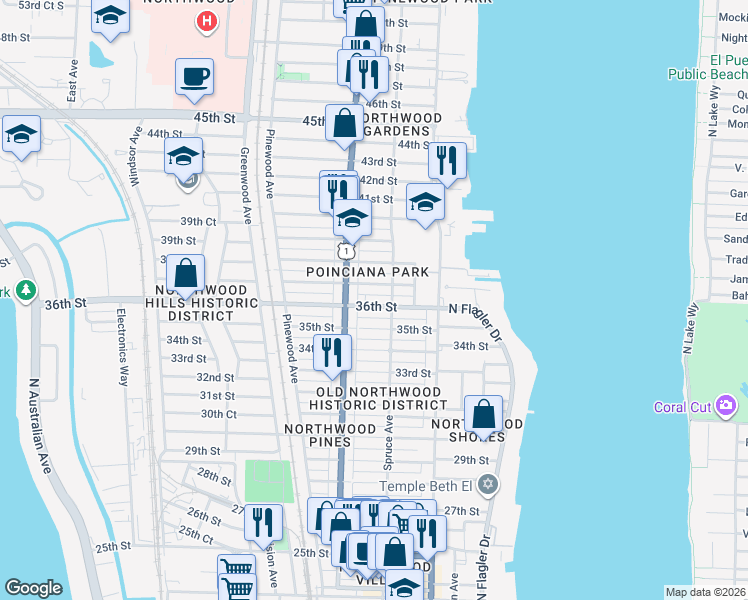 map of restaurants, bars, coffee shops, grocery stores, and more near 510 37th Street in West Palm Beach