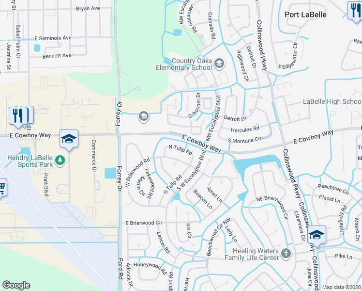 map of restaurants, bars, coffee shops, grocery stores, and more near 3017 North Tulip Road in LaBelle