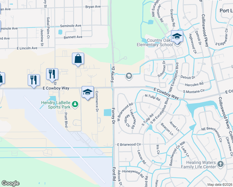 map of restaurants, bars, coffee shops, grocery stores, and more near 3021 North Lakewood Road in LaBelle