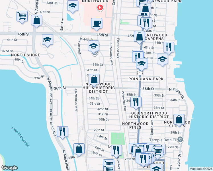 map of restaurants, bars, coffee shops, grocery stores, and more near 810 37th Street in West Palm Beach