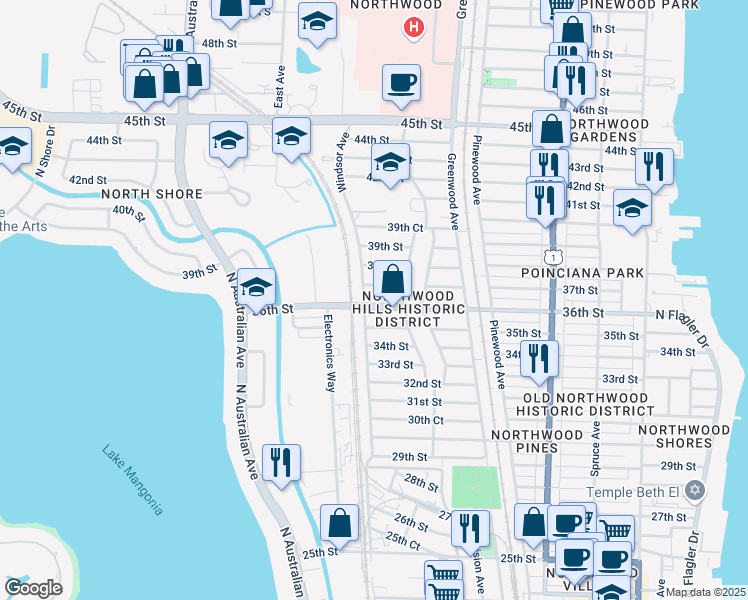 map of restaurants, bars, coffee shops, grocery stores, and more near 924 37th Street in West Palm Beach