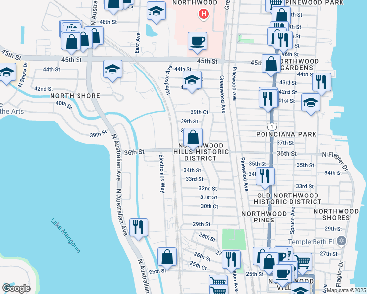 map of restaurants, bars, coffee shops, grocery stores, and more near 924 37th Street in West Palm Beach