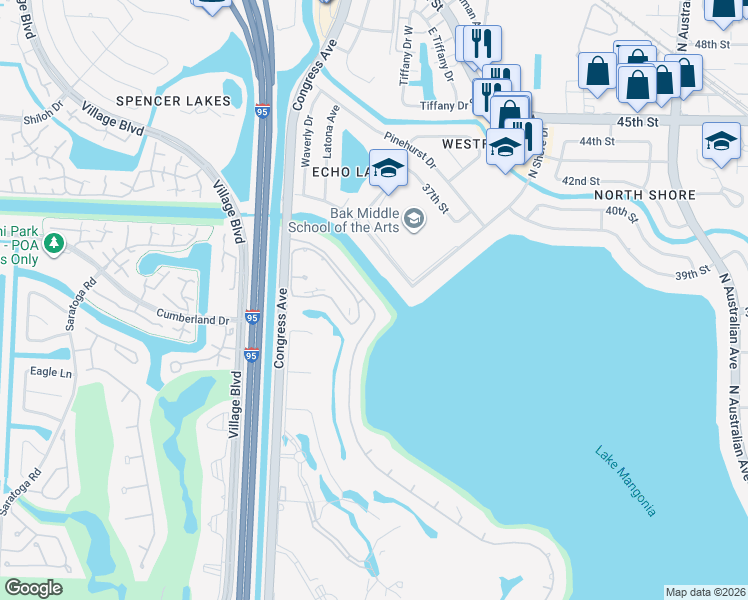 map of restaurants, bars, coffee shops, grocery stores, and more near 3520 Embassy Drive in West Palm Beach