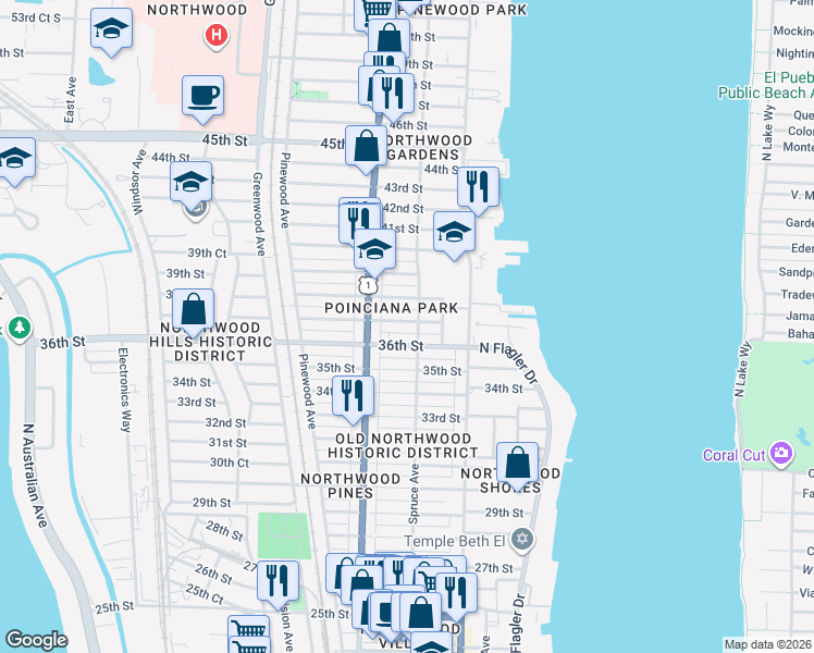 map of restaurants, bars, coffee shops, grocery stores, and more near 510 37th Street in West Palm Beach