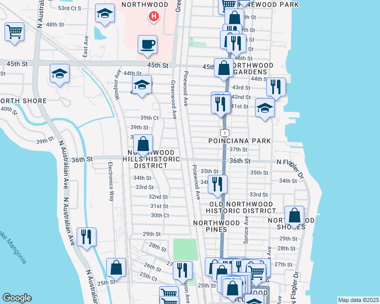 map of restaurants, bars, coffee shops, grocery stores, and more near 3715 Pinewood Avenue in West Palm Beach