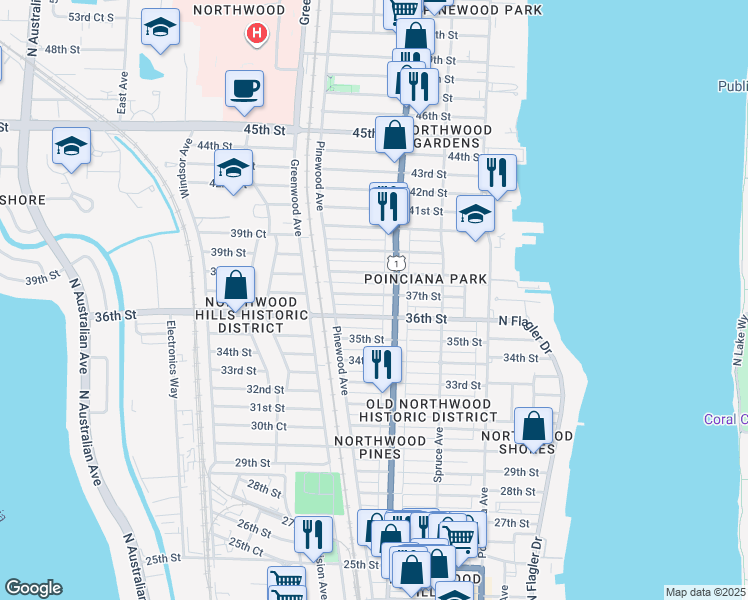 map of restaurants, bars, coffee shops, grocery stores, and more near 630 37th Street in West Palm Beach