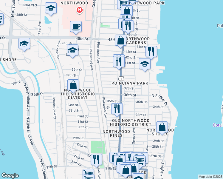 map of restaurants, bars, coffee shops, grocery stores, and more near 630 37th Street in West Palm Beach
