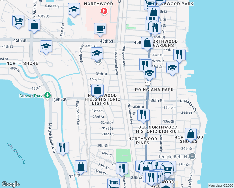 map of restaurants, bars, coffee shops, grocery stores, and more near 810 37th Street in West Palm Beach