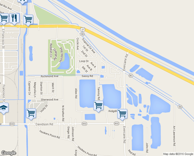 map of restaurants, bars, coffee shops, grocery stores, and more near 1721 Sassy Road in Clewiston