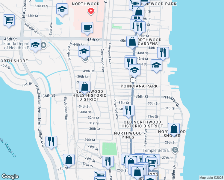 map of restaurants, bars, coffee shops, grocery stores, and more near 3717 Pinewood Avenue in West Palm Beach