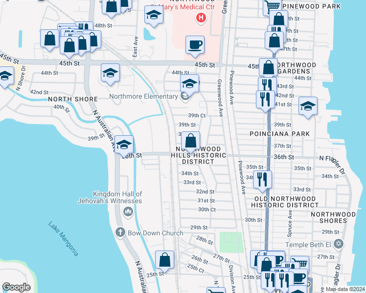 map of restaurants, bars, coffee shops, grocery stores, and more near 924 37th Street in West Palm Beach