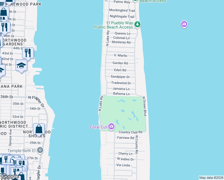 map of restaurants, bars, coffee shops, grocery stores, and more near 265 Bahama Lane in Palm Beach