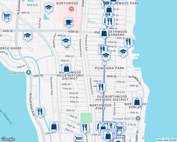 map of restaurants, bars, coffee shops, grocery stores, and more near 3715 Pinewood Avenue in West Palm Beach