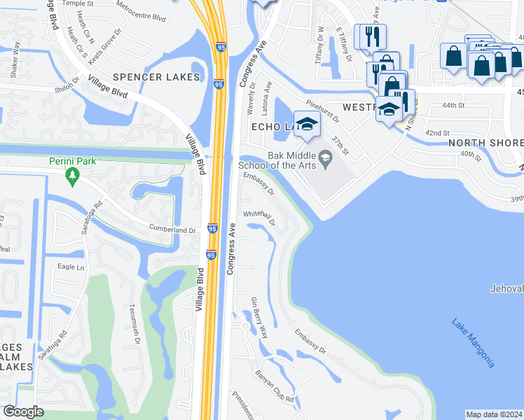 map of restaurants, bars, coffee shops, grocery stores, and more near 3630 Whitehall Drive in West Palm Beach