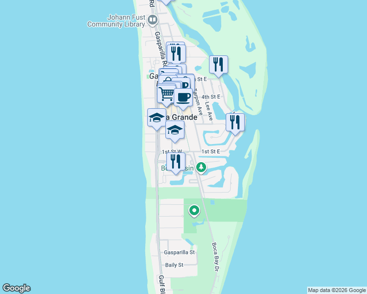 map of restaurants, bars, coffee shops, grocery stores, and more near 131 1st Street West in Boca Grande