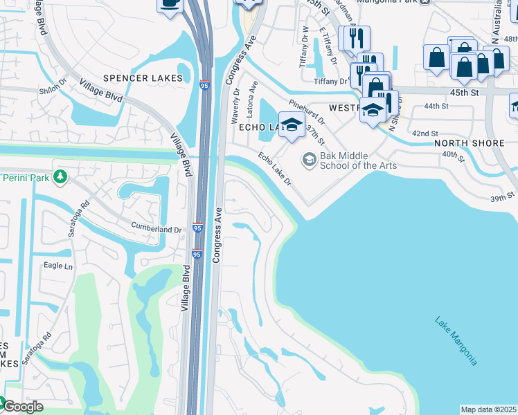 map of restaurants, bars, coffee shops, grocery stores, and more near 3626 Whitehall Drive in West Palm Beach