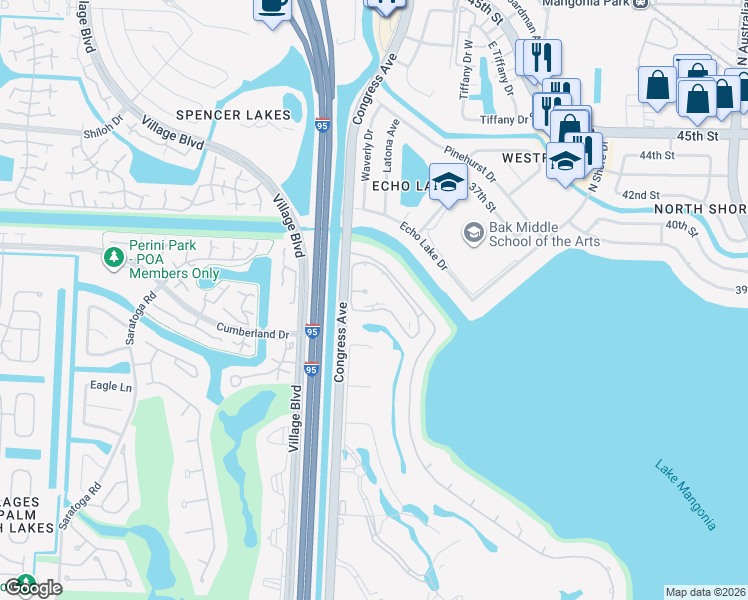 map of restaurants, bars, coffee shops, grocery stores, and more near 3635 Whitehall Drive in West Palm Beach