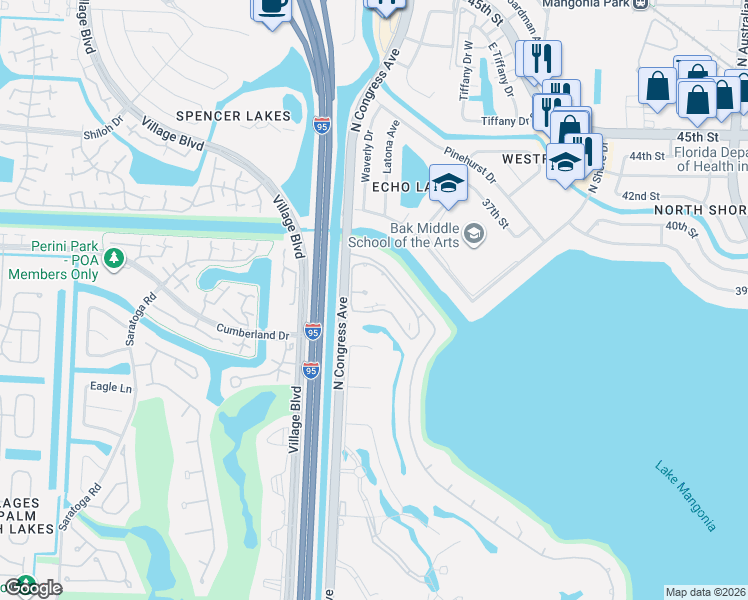 map of restaurants, bars, coffee shops, grocery stores, and more near 3630 Whitehall Drive in West Palm Beach