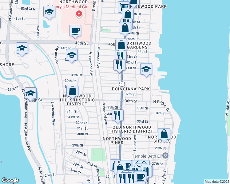 map of restaurants, bars, coffee shops, grocery stores, and more near 619 37th Street in West Palm Beach