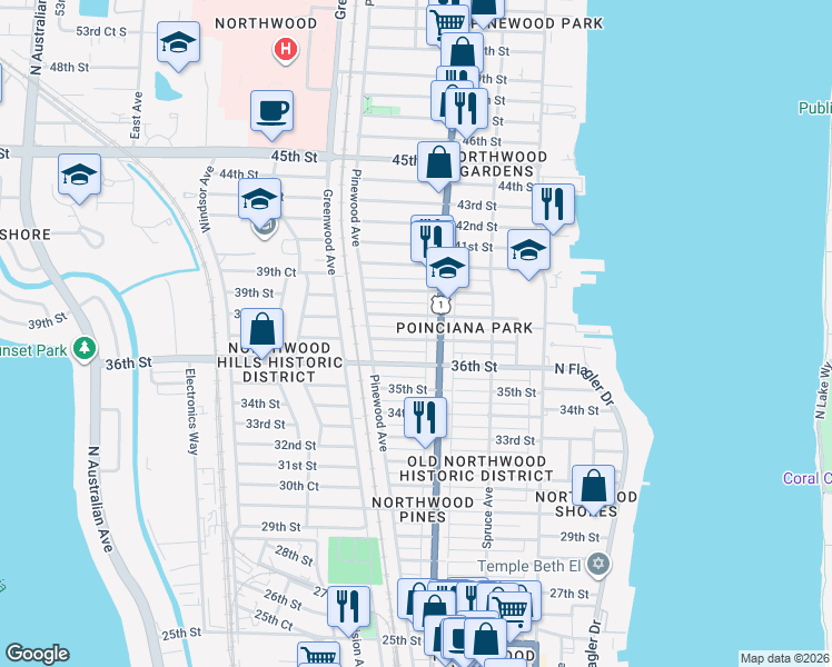 map of restaurants, bars, coffee shops, grocery stores, and more near 630 37th Street in West Palm Beach