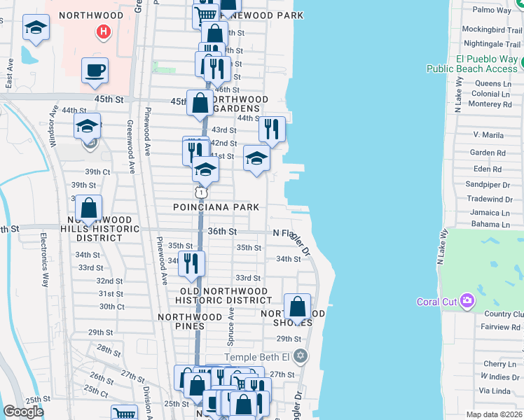 map of restaurants, bars, coffee shops, grocery stores, and more near 3718 Calvin Avenue in West Palm Beach